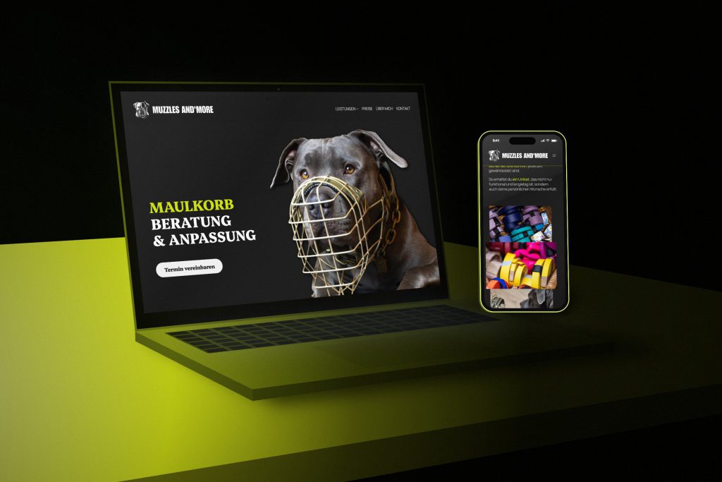 Website Desktop & Mobil für Muzzles and More – Mockup von ROMEDIA design